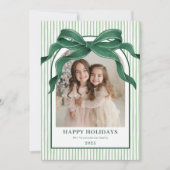 Vintage Bow Green Stripe Christmas Photo シーズンカード (正面)