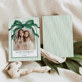 Vintage Bow Green Stripe Christmas Photo シーズンカード