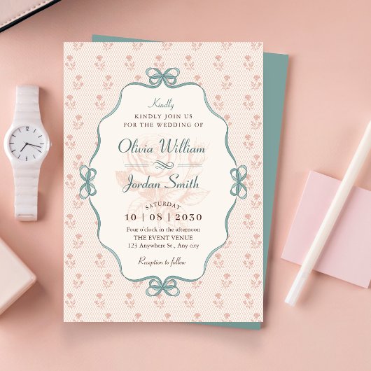 Vintage bow pastel blue pink wedding 招待状