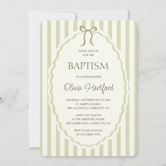 Vintage bow stripe pattern gender neutral baptism 招待状 (正面)