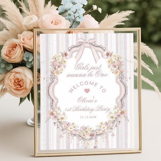 Vintage Bow Wildflower Girl 1st Birthday Welcome ポスター