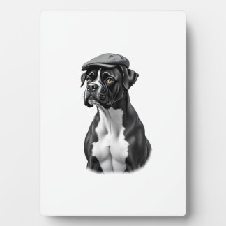 Vintage Boxer Dog in Cap Monochrome Graphic Illust フォトプラーク