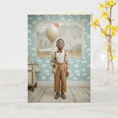 Vintage Boy With Balloon Portrait カード (黄色い花)