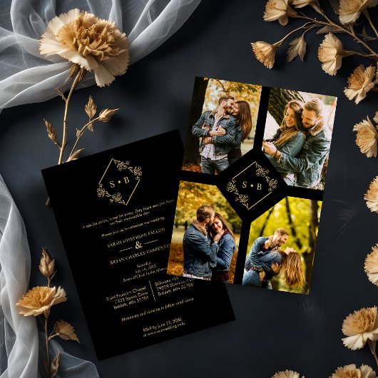 Vintage Branches Diamond Shape Golden 4 Photos 招待状