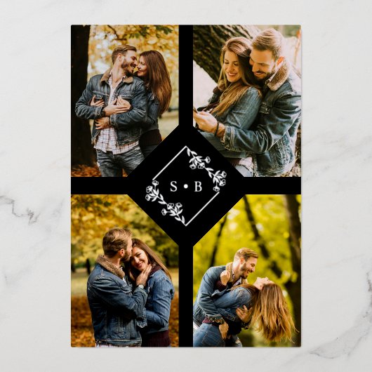 Vintage Branches Diamond Shape Silver 4 Photos 箔招待状 (正面)