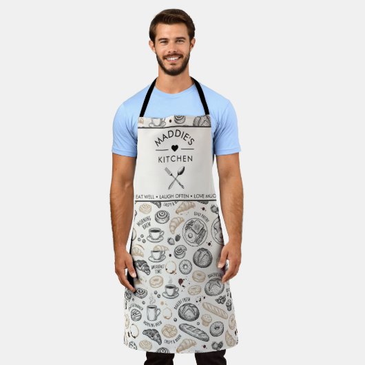 Vintage Breakfast Bakery Seamless Pattern エプロン (着用した状態)