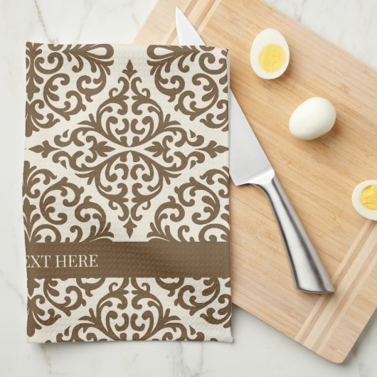 Vintage Brown Damask Heirloom キッチンタオル (四つ折り)
