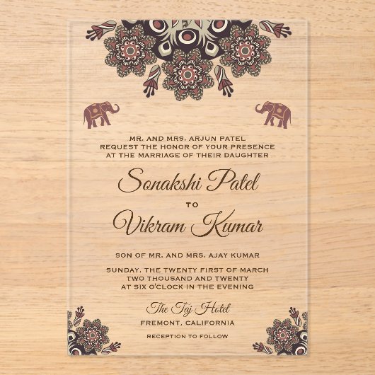 Vintage Brown Motif Indian Wedding アクリル招待状 (正面)