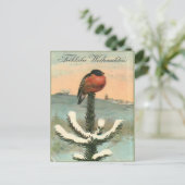 Vintage Bullfinch Bird on Snowy Pine ポストカード (スタンド正面)