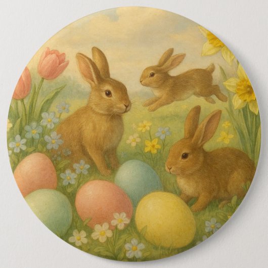 Vintage Bunny/Rabbit Easter Egg/Spring   缶バッジ (正面)