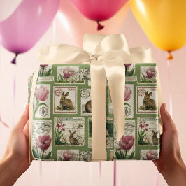 Vintage Bunny & Tulip Stamps Easter Wrapping Paper ラッピングペーパー