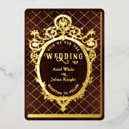 Vintage Burgundy Book Lovers Ornate Frame Wedding 箔招待状