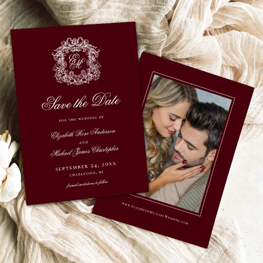 Vintage Burgundy Crest Monogram Wedding Photo  セーブザデート