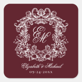 Vintage Burgundy Elegant Wedding Monogram Crest スクエアシール