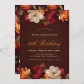 Vintage Burgundy Floral 50th Birthday 招待状 (正面/裏面)