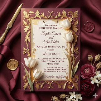 Vintage Burgundy Gold Baroque Floral Ivory Wedding 招待状