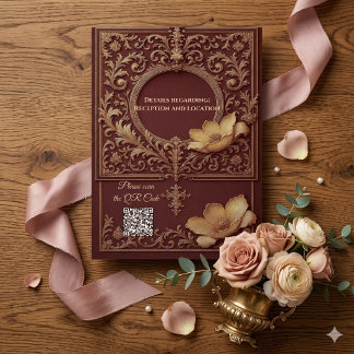 Vintage Burgundy Gold Baroque Floral Ivory Wedding 招待状
