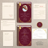 Vintage Burgundy Gold Book Photo Wedding  セーブザデート