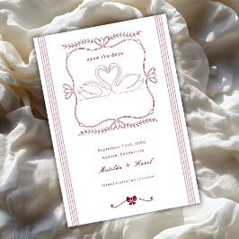 Vintage Burgundy Hand Drawn Swan Stripes Wedding セーブザデート