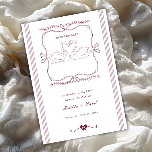 Vintage Burgundy Hand Drawn Swan Stripes Wedding セーブザデート