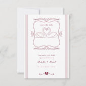 Vintage Burgundy Hand Drawn Swan Stripes Wedding セーブザデート (正面)