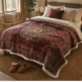 Vintage Burgundy Persian Medallion Pattern Ornate シェルパブランケット
