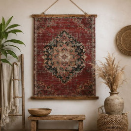 Vintage Burgundy Persian Medallion Pattern Ornate 吊り下げ型タペストリー