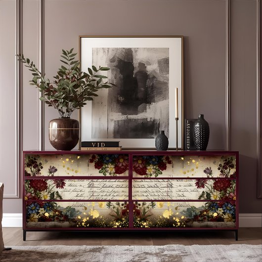 Vintage Burgundy Petals & Gold Script Decoupage  薄葉紙