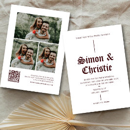 Vintage Burgundy Photo Collage QR Code Wedding 招待状