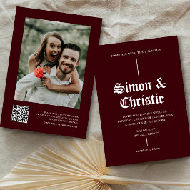 Vintage Burgundy Photo QR Code Wedding 招待状