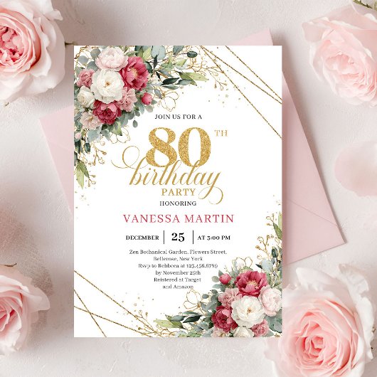 Vintage Burgundy Red Gold 80th Birthday Invite 招待状