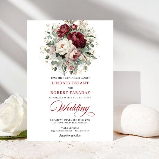 Vintage Burgundy White Floral Wedding Invitation 招待状