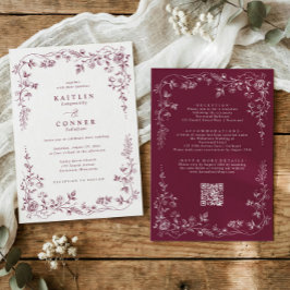 Vintage Burgundy Wine French Floral Wedding 招待状