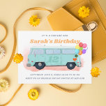Vintage Bus Retro 70s Birthday Parade 招待状<br><div class="desc">Vintage bus illustration with balloons,  stickers and editable age on the car door</div>