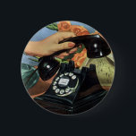 Vintage Business, Antique Phone with Rotary Dial 缶バッジ<br><div class="desc">Vintage illustration business communications office design featuring a woman secretary's hand picking up an old fashioned rotary dial phone. A fun girlie image with pretty pink nails manicure! Ladies,  call your bff,  it's time to talk,  gossip and spread some rumors!</div>