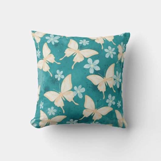 Vintage Butterfly & Floral Teal Pillow クッション (正面)