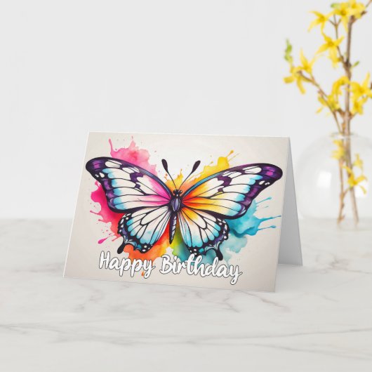 Vintage Butterfly Illustration Happy Birthday カード (黄色い花)