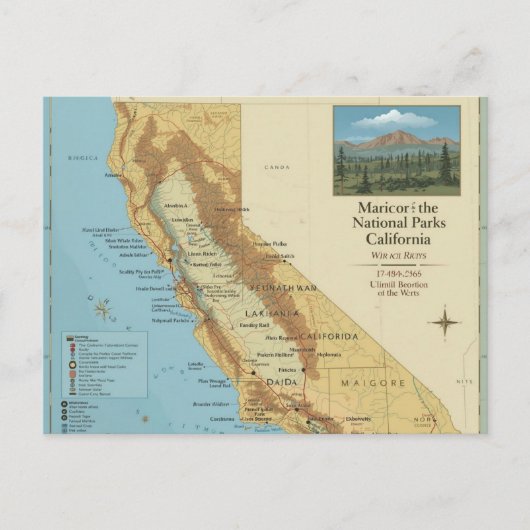 Vintage California National Parks Map Art シーズンポストカード (正面)