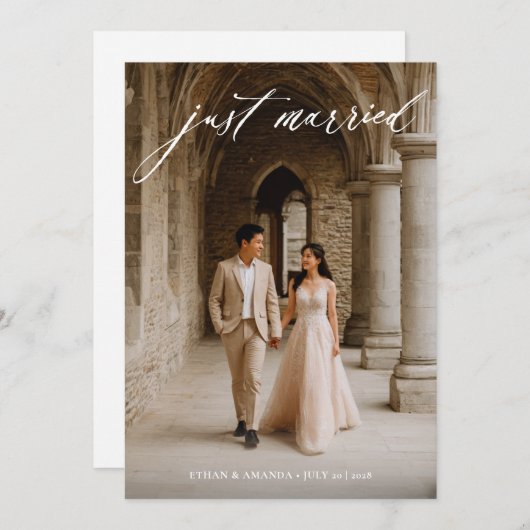 Vintage Calligraphy Just Married Photo Elopement 案内状 (正面/裏面)