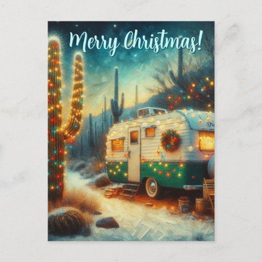 Vintage Camper Saguaro Cactus Christmas Desert ポストカード (正面)