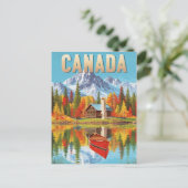 Vintage Canada Wilderness Cabin & Canoe Lake Scene ポストカード (スタンド正面)
