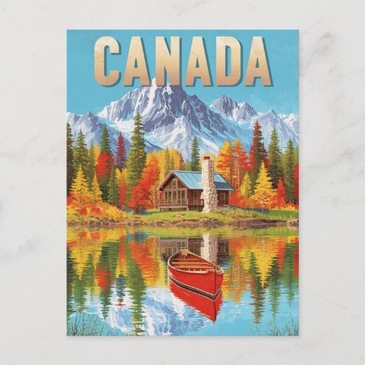 Vintage Canada Wilderness Cabin & Canoe Lake Scene ポストカード (正面)