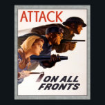 Vintage Canadian WW2 Attack On All Fronts ポスター<br><div class="desc">Reproduction of a World War 2 poster from Canada from the 1940s.  "Attack On All Fronts" including the military,  the factories and workers,  and the home front with housewives and their victory gardens.  Patriotic military memorabilia for your wall.</div>