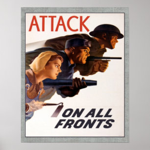 Vintage Canadian WW2 Attack On All Fronts ポスター