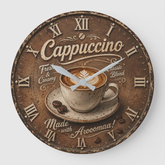 Vintage Cappuccino Rustic Coffee Bar ラージ壁時計 (正面)