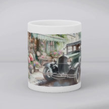 Vintage Car and Charming Flower Shop Watercolor