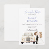 Vintage Car Bride & Groom Lilac  セーブザデート (正面/裏面)