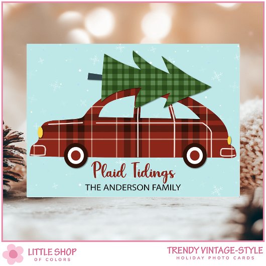 Vintage Car Red Plaid Christmas Custom Photo シーズンカード