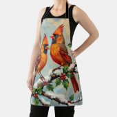 Vintage Cardinal Pair on Snowy Holly Branch エプロン (インサイチュ)
