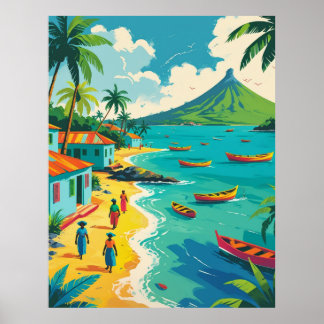 Vintage Caribbean island life scene colourful ポスター